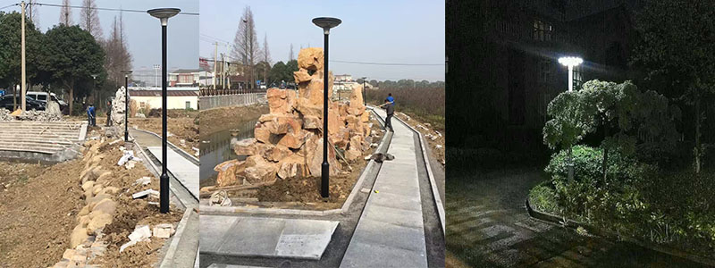 UFO圓盤(pán)型一體化太陽(yáng)能庭院燈公園安裝效果實(shí)拍照片